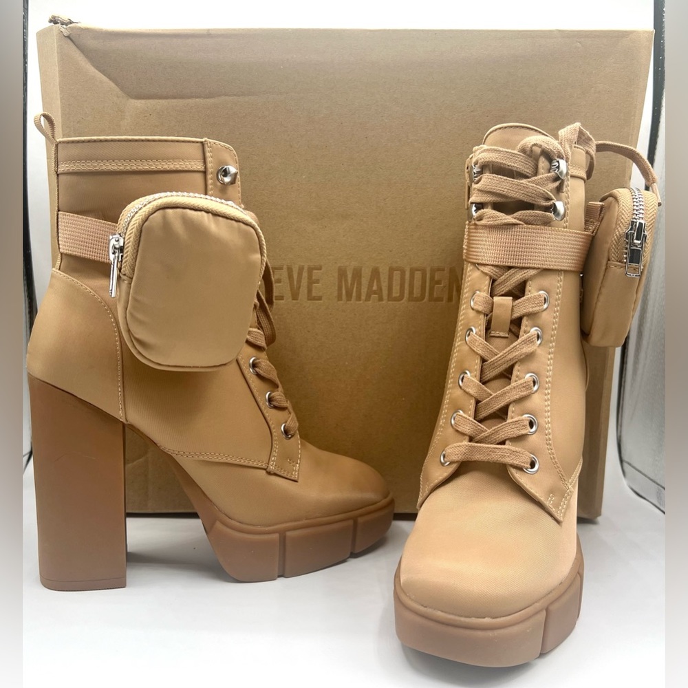 Steve Madden Tan Combat Moto Platform Boots with Removable Pouch